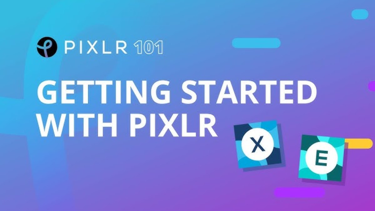 Pixlr beginner tutorial banner—cyan to magenta gradient, Pixlr logo, GETTING STARTED WITH PIXLR headline, Pixlr X and E product tiles